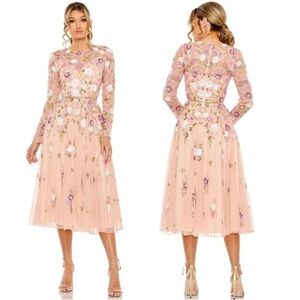 Mac Duggal 5716 Sequined Floral Long Sleeve High Neck Midi Dress Sz. 4